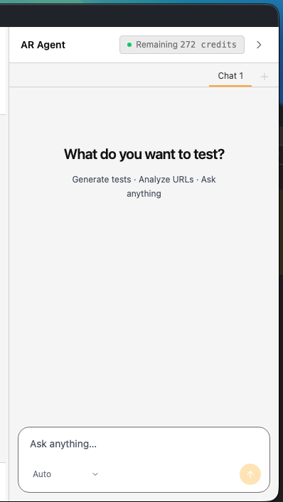 AR Agent chat panel — What do you want to test? Generate tests, analyze URLs, ask anything